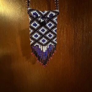 Beaded Fringe Pendant Necklace in Black, White & Purple